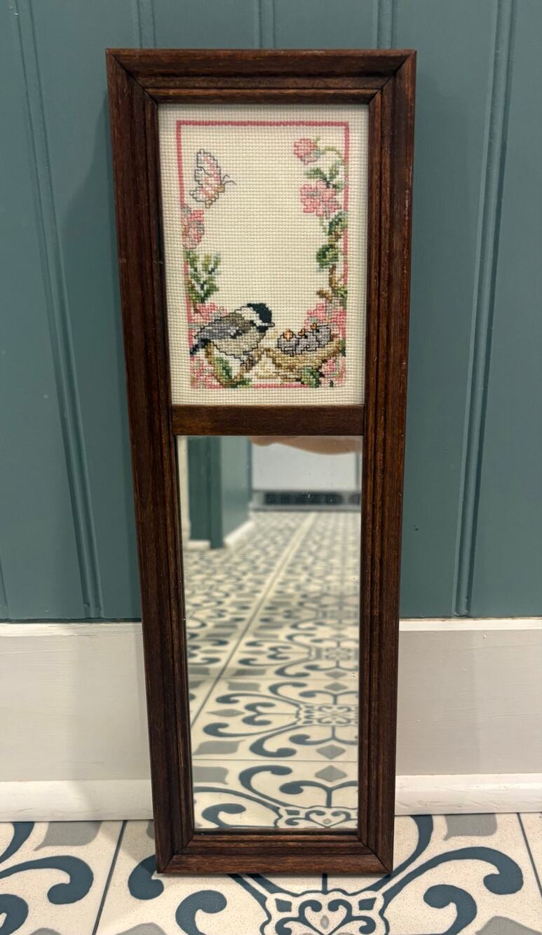 Vintage Wooden Mirror with Bird Cross Stitch